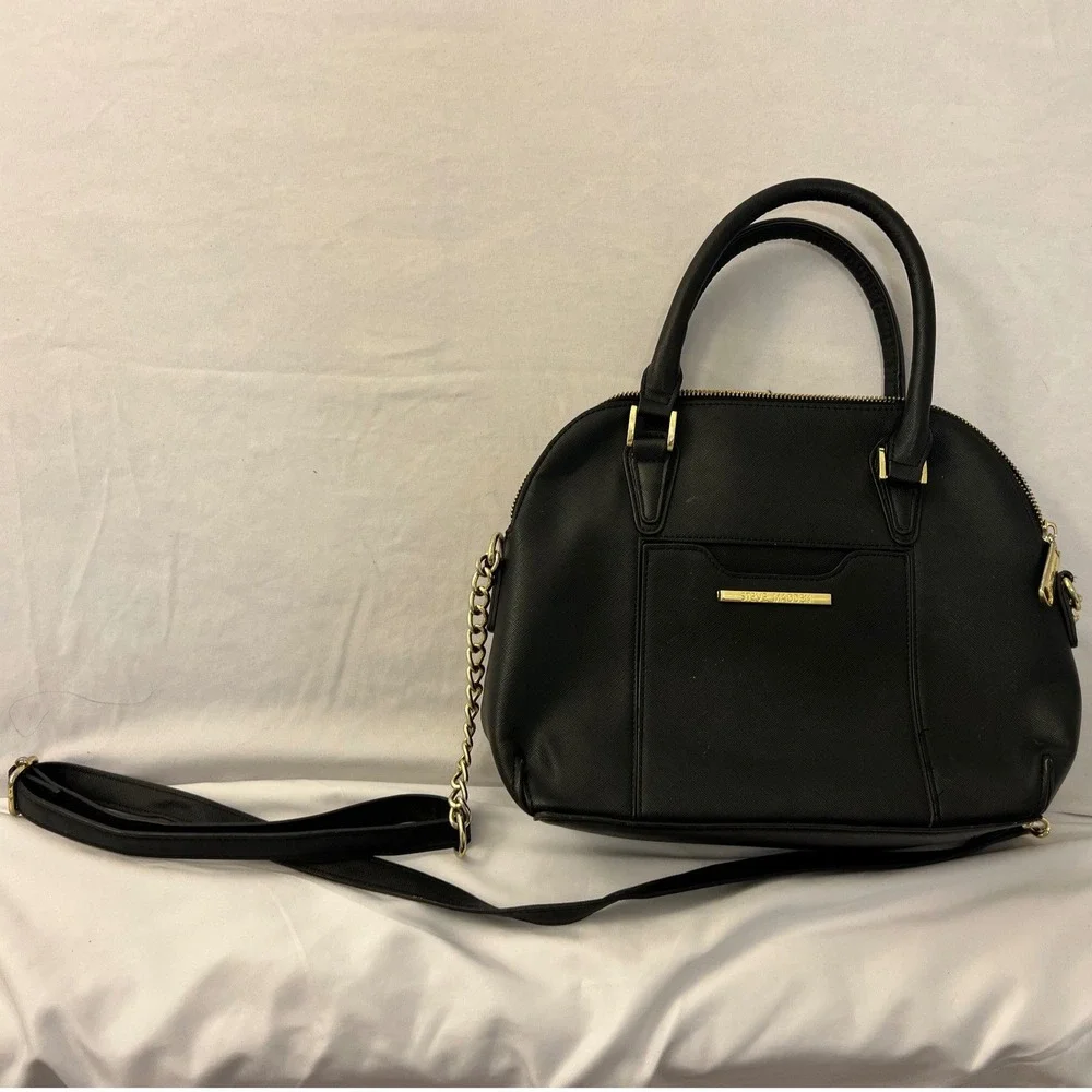 Steve Madden Black Saffiano Dome Satchel Crossbody Bag Gold Hardware ID527